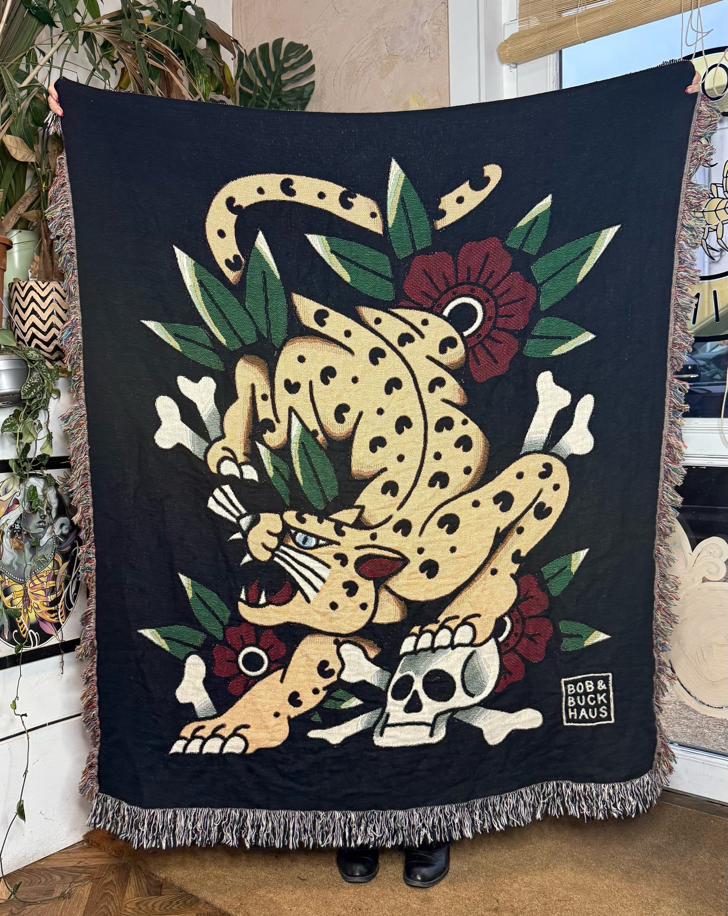 LEOPARD TRADITIONAL TATTOO WOVEN TAPESTRY BLANKET